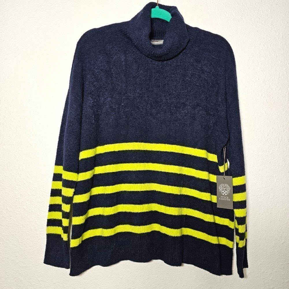 Vince Camuto medium ultra soft deak blue with yellowish stripes sweater top NWT